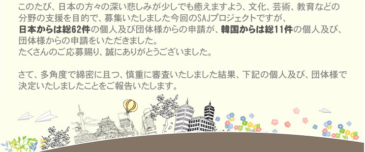 東日本大震災により被災された皆様に心よりお見舞いを申し上げます。平素より格別のお引立てを賜り、厚く御礼申し上げます。このたび、日本の方々の深い悲しみが少しでも癒えますよう、文化、芸術、教育などの分野の支援を目的で、募集いたしました今回のSAJプロジェクトですが、日本からは総62件の個人及び団体様からの申請が、韓国からは総11件の個人及び、団体様からの申請をいただきました。たくさんのご応募賜り、誠にありがとうございました。
さて、多角度で綿密に且つ、慎重に審査いたしました結果、下記の個人及び、団体様で決定いたしましたことをご報告いたします。